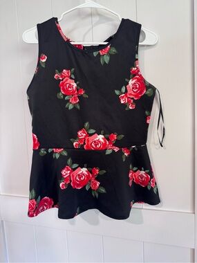 Forever 21 Black Peplum Tank Top with Red Rose Print